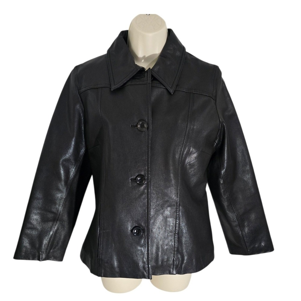 Banana Republic Womens Black Genuine Leather Quilted Lined Button Front Jacket S